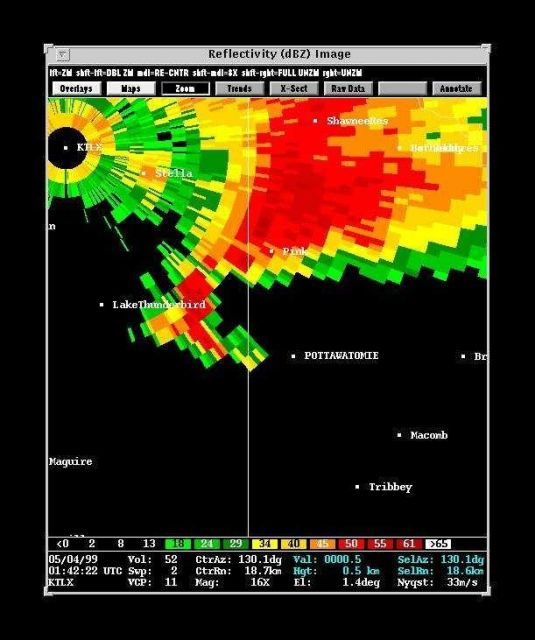 Reflectivity image of tornado bearing hook echo to west of Pottawatomie. Picture