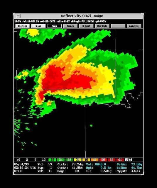 Reflectivity image of the same elongated supercell showing intensification and better defined hook echo. Picture