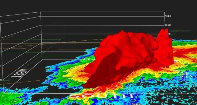 3-D image of the Reno County intense thunder storm showing the intense part of t storm extending upward to over 40,000 feet Picture