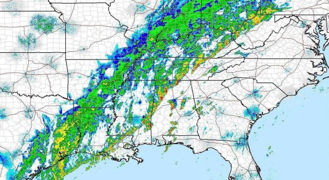 Radar display of frontal system with fairly intense precipitation extending across the Southeast United States. Picture
