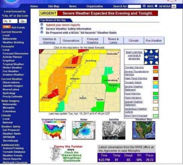 Tornado warnings in NE Arkansas from the Memphis National Weather Service Forecast Office. Picture