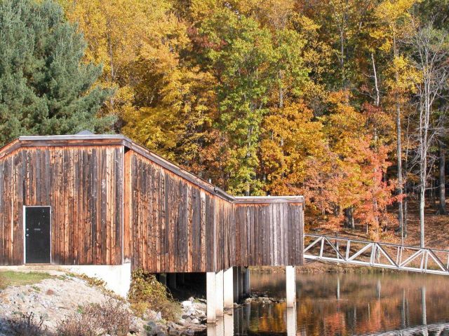 The rustic boat house at Clopper Lake on an autumn afternoon. Picture