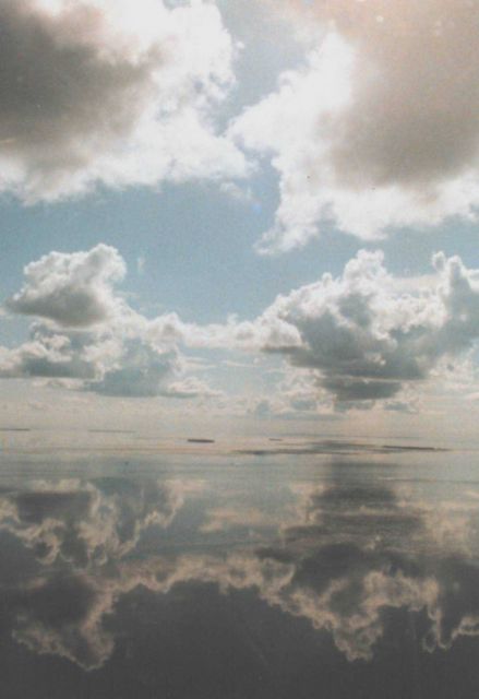 Which way is up? A mirror-smooth sea reflects cumulus clouds on a still morning in the Keys. Picture