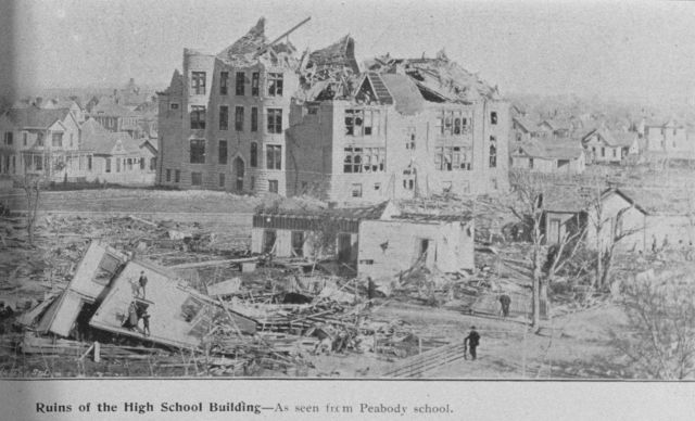 Ruins of the high school building as seen from Peabody School Picture
