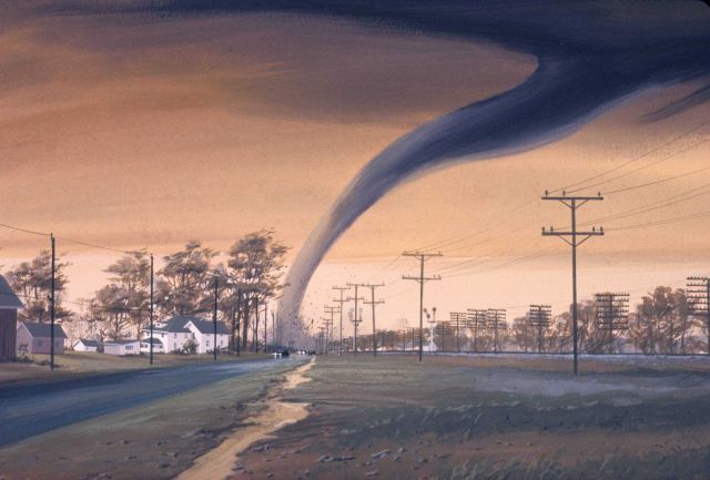 Artist's rendition of a tornado destroying a structure. Picture