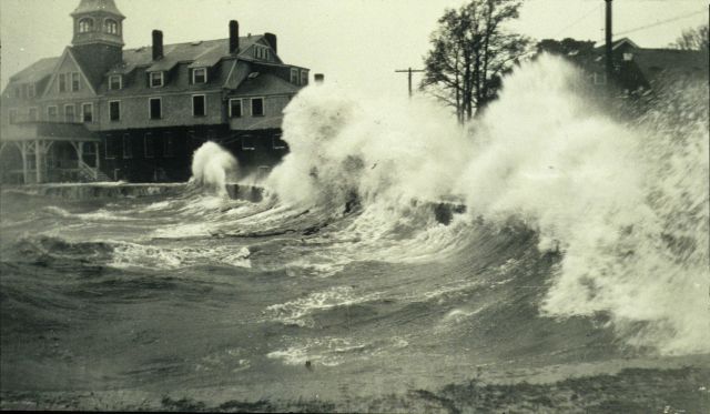 Waves batter the seawall at Woods Hole during the 1938 hurricane. Picture