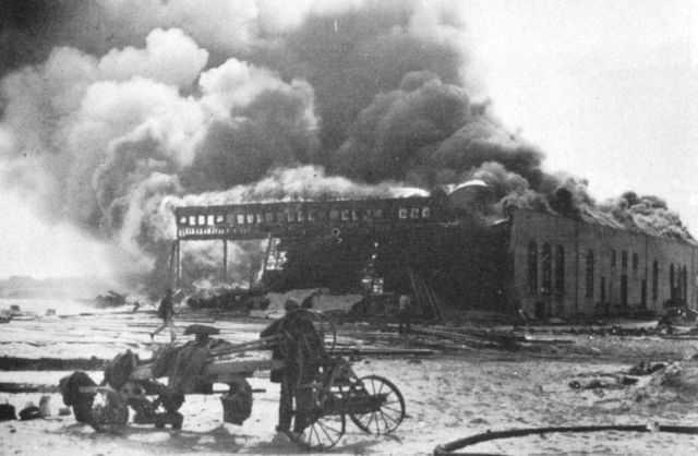 The pavilion at Easton's Beach being burned intentionally prior to beginning cleanup and rebuilding Picture