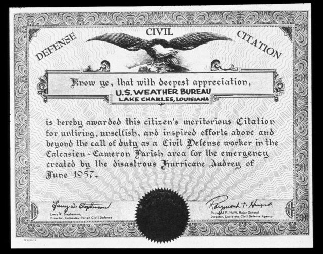 Certificate of appreciation for the Weather Service office at Lake Charles, Louisiana, following the passage of Hurricane Audrey Picture