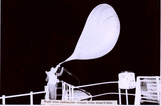Launching of a weather balloon from the USNS ELTANIN in the Southern Ocean. Picture