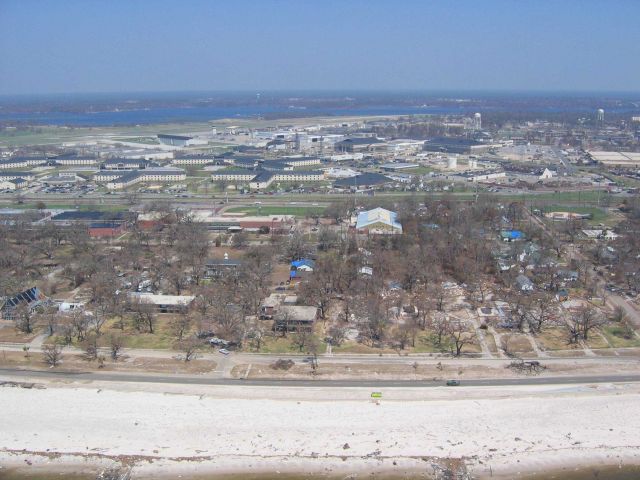 Biloxi Beach (foreground) Keesler AFB and Biloxi Bay (background). Picture