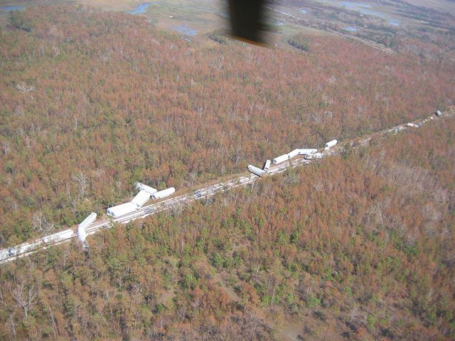 A train blown off a siding as result of Hurricane Katrina. Picture