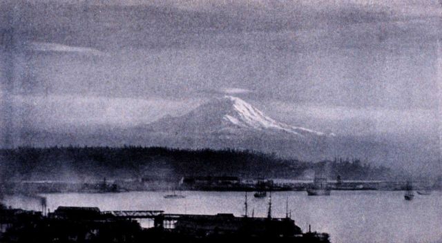 View from Commencement Bay of a banner cloud on Mount Rainier. Picture