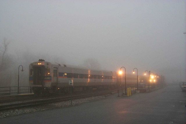 MARC commuter train in the fog at Brunswick, MD early on a workday morning. Picture
