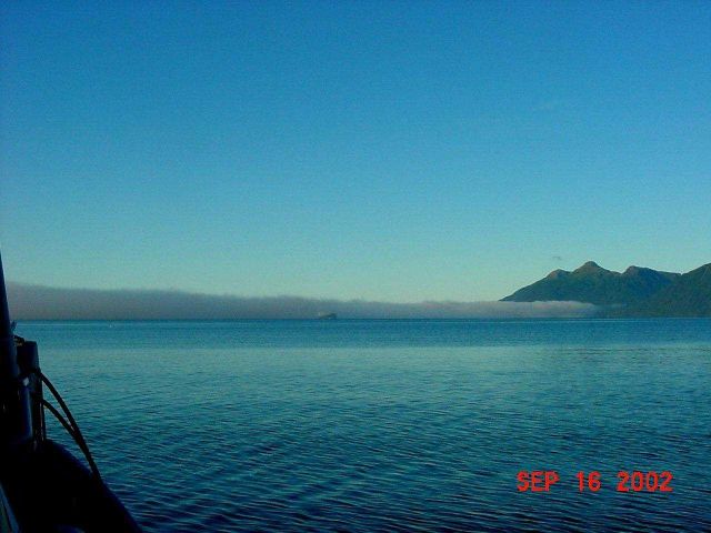 A tanker passing out of a fog bank. Picture