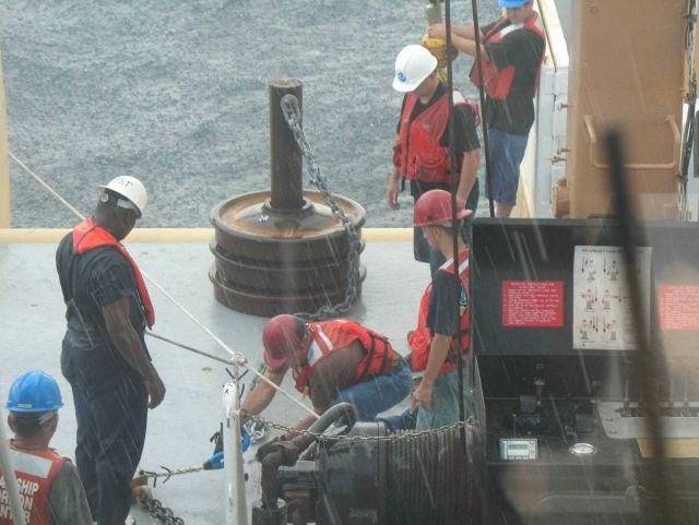 Following passage of the waterspout, the crew prepares to drop the anchor for the TAO buoy Picture