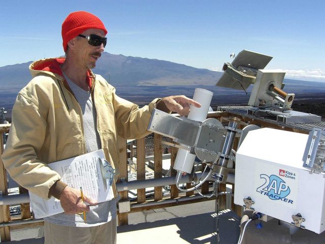 Steve Ryan points to an instrument that measures the intensity of sunlight at the Mauna Loa Observatory. Picture