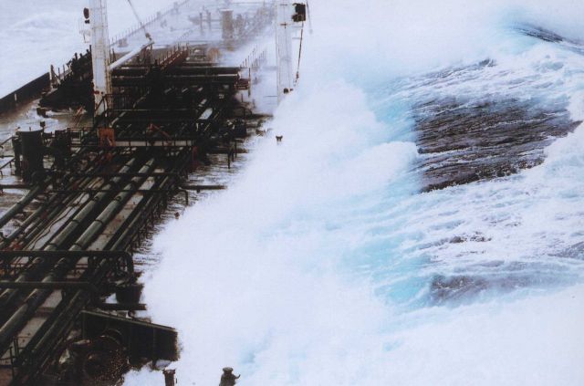 Rogue wave sequence showing 60-foot plus wave hitting tanker headed south from Valdez, Alaska Picture