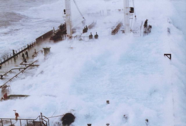 Rogue wave sequence showing 60-foot plus wave hitting tanker headed south from Valdez, Alaska Picture