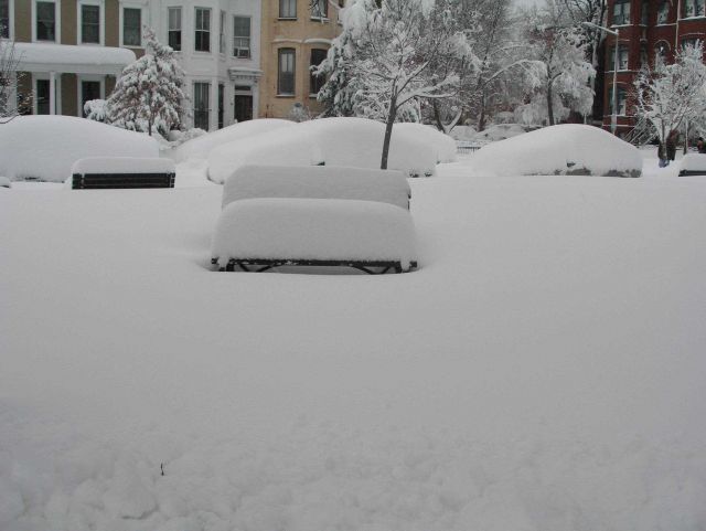 Bench providing no support for weary legs as covered with snow to almost two feet deep. Picture