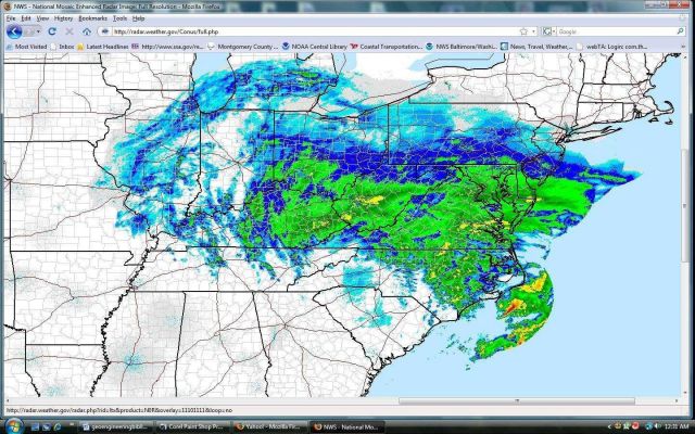 Radar image of December 19, 2009 snowstorm as it envelops the Mid-Atlantic area. Picture