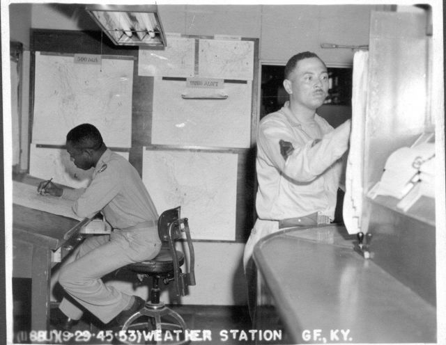 Weather forecasters for the Tuskegee Airmen at work. Picture