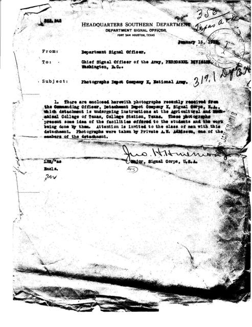 Cover letter transferring photographs of Army Signal Service meteorological students at Texas A&M. Picture