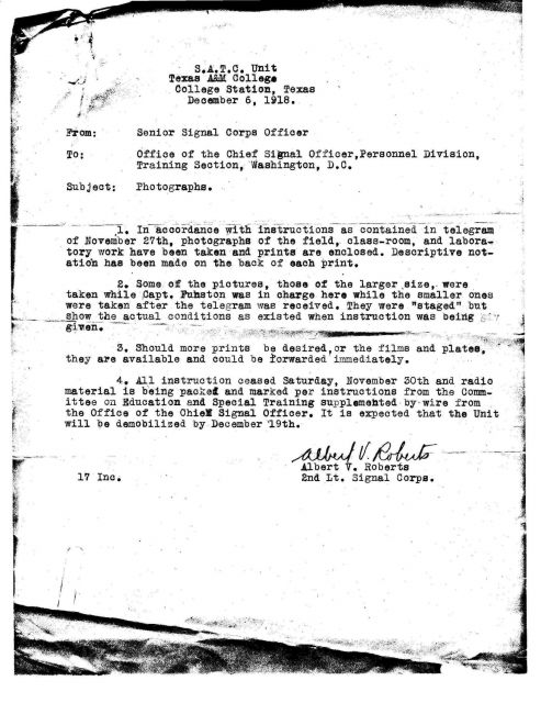 Letter transferring photographs noting that all instruction ceased November 30, 1918, and that the meteorological unit would be demobilized by Decembe Picture