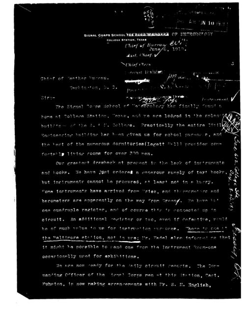 Telegram from Oliver Fassig to the Chief of the Weather Bureau detailing the facilities, state of instruction, and instrument needs of the meteorologi Picture