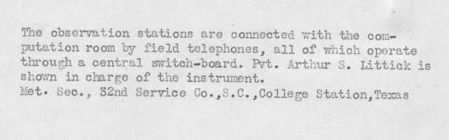 Note explaining communications system used by the Army Signal Service for bringing meteorological observations to a central computation room. Picture