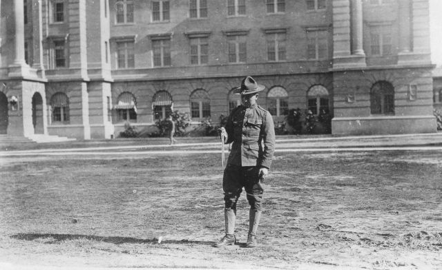 Signal Corps meteorological student Molyneaux preparing to use sling psychrometer. Picture