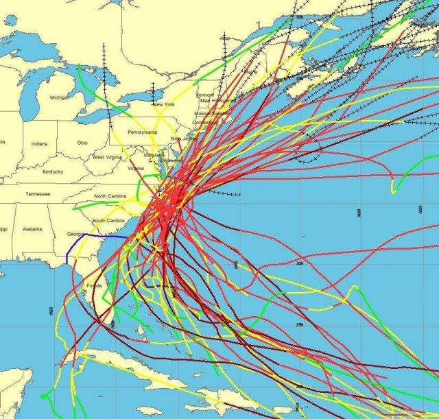Graphic from NOAA's Historical Hurricane Tracks tool shows all hurricanes passing with 65 nautical miles of Cape Hatteras since 1900. Picture