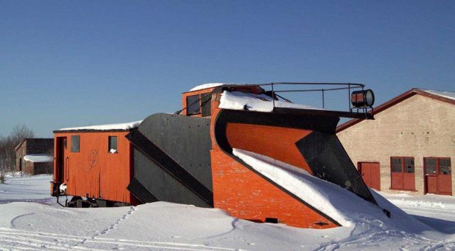 Railroad snow plow used for Great Lakes copper mining. Picture