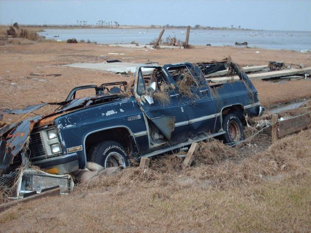 Storm surge damage caused by Hurricane Ike - SUV on Bolivar Peninsula Picture