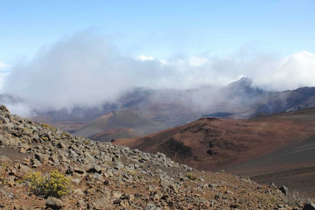 Orographic uplift causing condensation causing clouds over Haleakala Crater at elevations approaching 10,000 feet above sea level. Picture