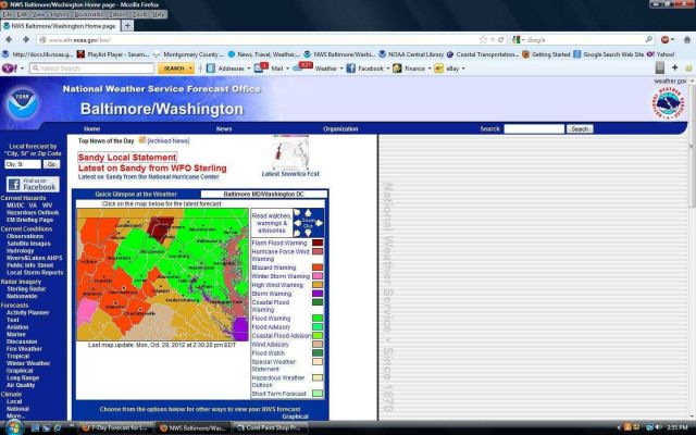 Local warnings issued by Sterling, Virginia, National Weather Service Forecast Office, for Hurricane Sandy and associated weather phenomena. Picture