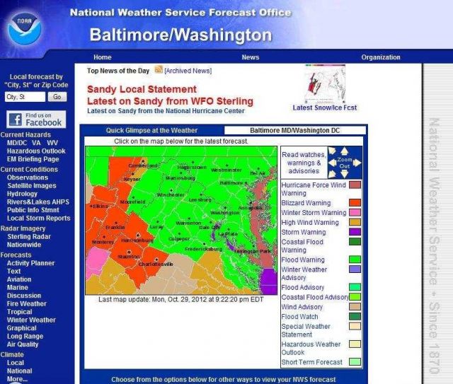 Local warnings issued by Sterling, Virginia, National Weather Service Forecast Office, for Hurricane Sandy and associated weather phenomena. Picture