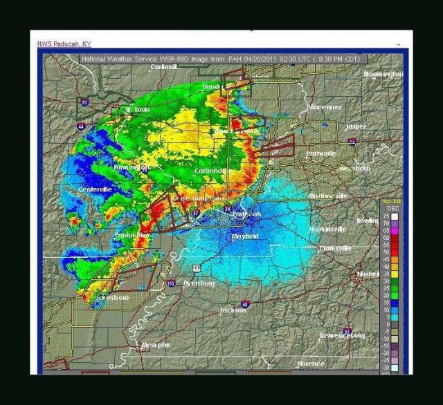 Tornado warnings and severe thunderstorm warnings across SE Illinois and southern Missouri as seen on the Paducah KY NWSFO doppler radar display. Picture