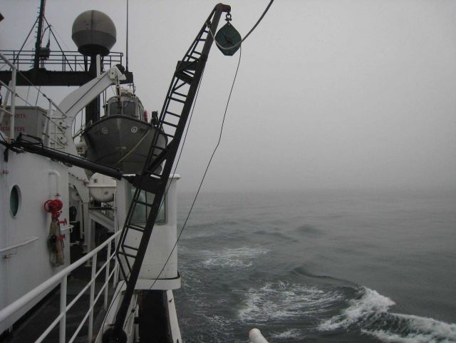 NOAA Ship MILLER FREEMAN running through the fog of the Bering Sea. Picture