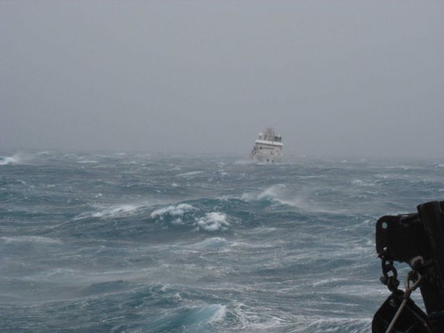 The NOAA Ship OSCAR DYSON seen in heavy winds in a probable near shore williwaw. Picture