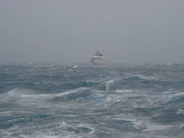 The NOAA Ship OSCAR DYSON seen in heavy winds in a probable near shore williwaw. Picture