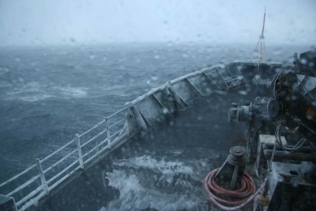 Wind and spray on a sub-freezing day cause ice buildup on the NOAA Ship MILLER FREEMAN. Picture