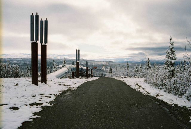 The Alaska Pipeline route sprinkled with snow. Picture