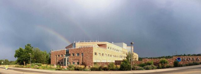 Double rainbow over NOAA's David Skaggs Research Center in Boulder. Picture