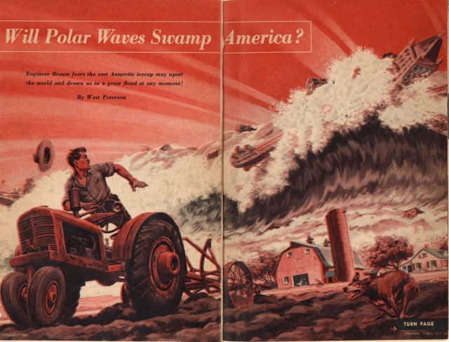 Engineer Brown fears the Antarctic icecap may upset the world and drown us in a great flood at any moment! A great oceanic wave overtaking a midwest f Picture