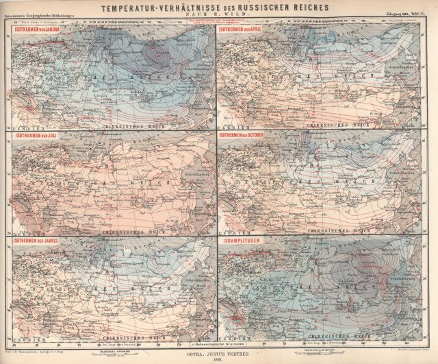 Isotherms showing average temperatures in Russia during selected months as well as a contoured map of the amplitude of change during the year Picture