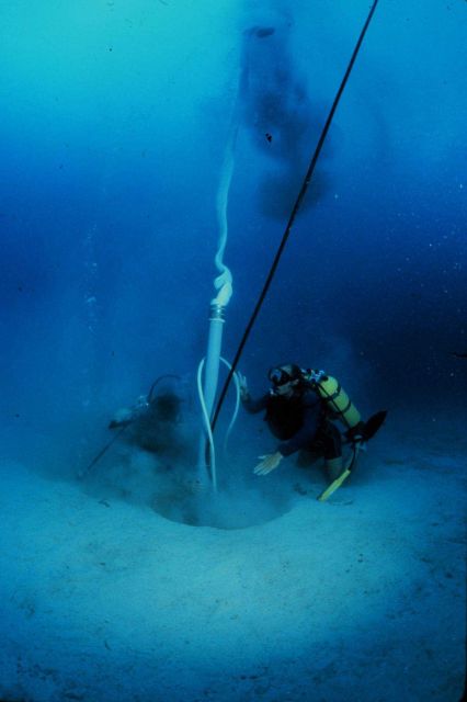 Divers use a suction sampler to collect animals living in the sand. Picture
