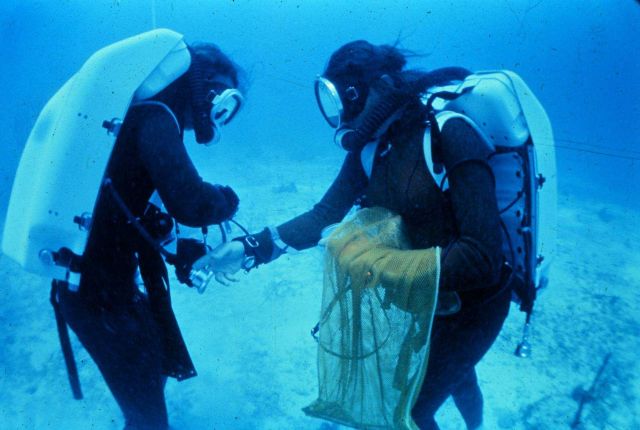 Divers test rebreathers which are useful for extending bottom time. Picture