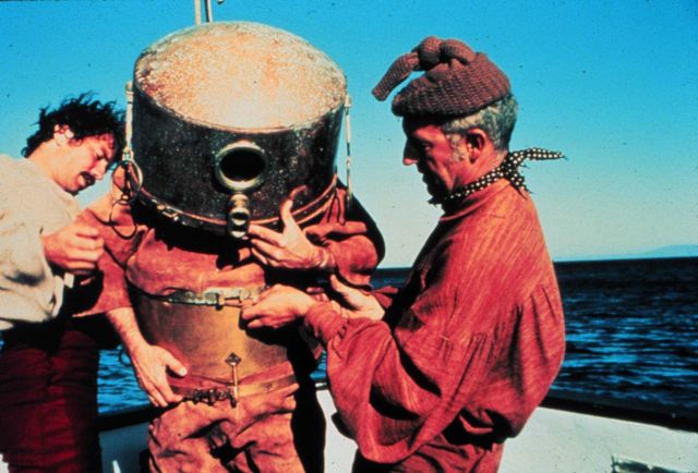 Early hard hats were heavy in air, but buoyant underwater. Picture