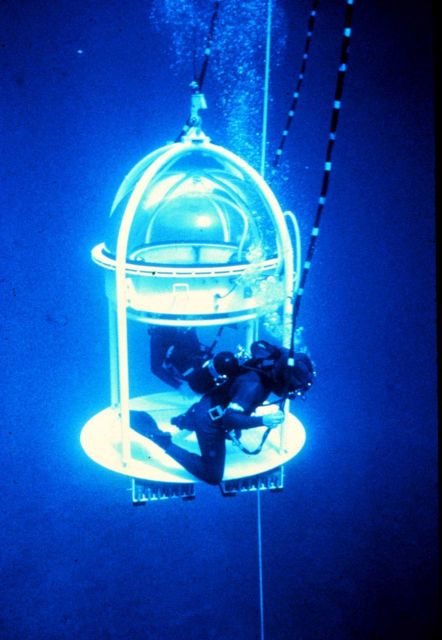 NURP dive bell used in the 1980s-- scientists prefer the freedom.of scuba. Picture