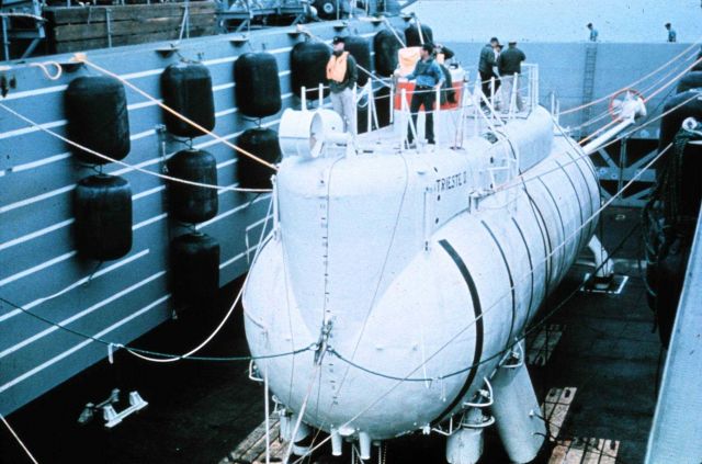 TRIESTE II launched in 1965, next version of the record deep diving sub. Picture